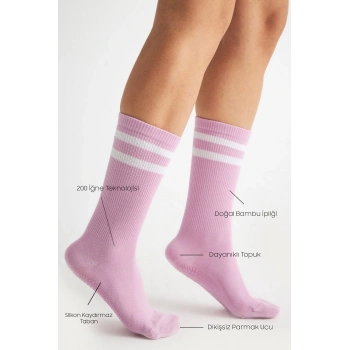 Bambu Kadın Lila Kaydırmaz Taban Silikon Baskı Yoga Fitness Pilates Bale Dans Tenis Çorabı