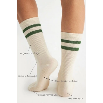 Bambu Kadın Ekru Kaydırmaz Taban Silikon Baskı Yoga Fitness Pilates Bale Dans Tenis Çorabı