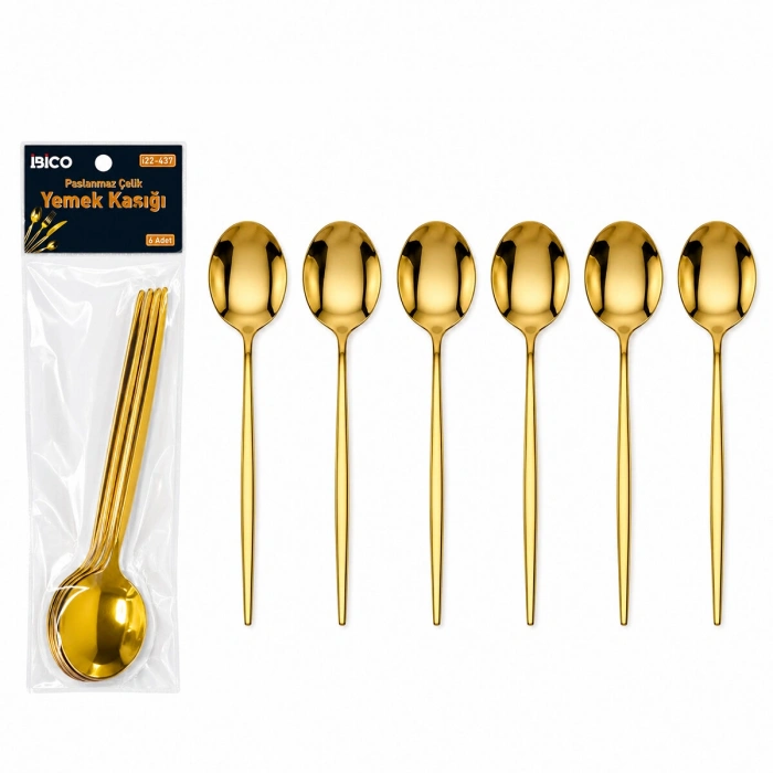 6 Parça Yemek Kaşığı Seti - Gold Renk - Paslanmaz Çelik