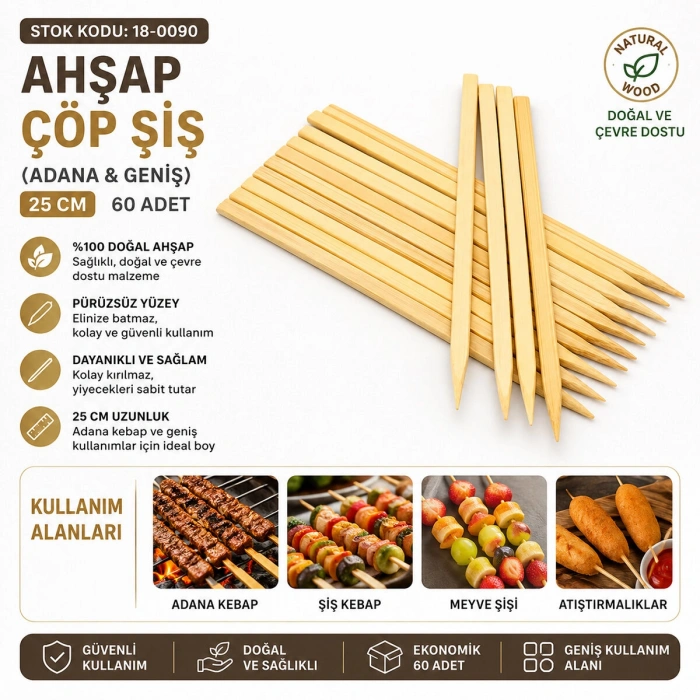 60 Adet Ahşap Geniş Çöp Şiş - Adana Kebap Şişi - 25 cm