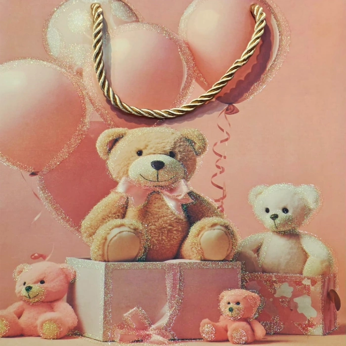 Ayıcık Desenli Pembe Küçük Boy Karton Hediye Çantası