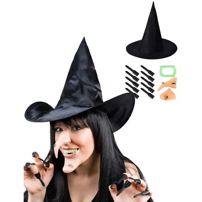 Cadı Kostümü Seti - Şapka, Tırnak, Burun, Çene, Diş