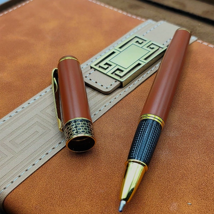 Taba Rengi Termo Deri Defter Ve Metal Roller Kalem Seti