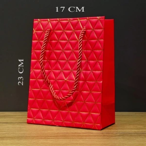 Kırmızı Geometrik Desenli Orta Boy Karton Hediye Çantası