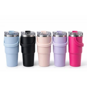 Renkli 900 ml Taşıma Kulplu Paslanmaz Çelik Termos Mug Bardak