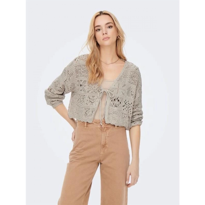 15257604 Ajurlu Triko Kadın Crop Hırka Bej