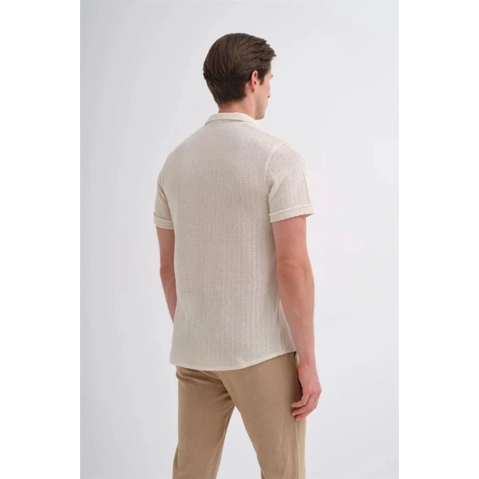 2002 Örme Apaş Yaka Kısa Kolle Erkek Gömlek Ekru