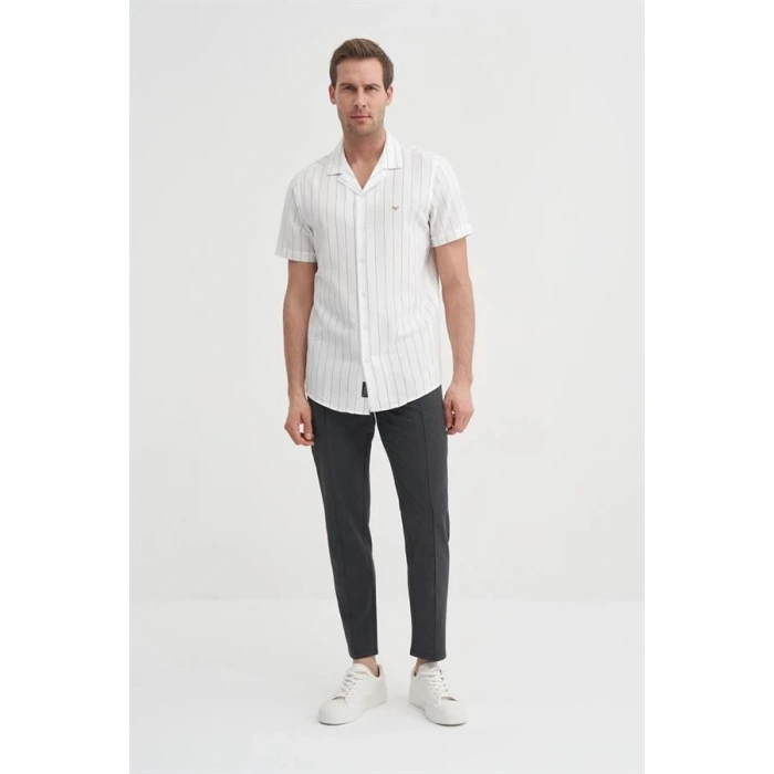 2019 Regular Fit Keten Kısa Kollu Erkek Gömlek BEYAZ