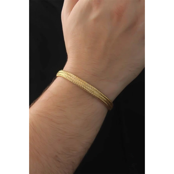 316L Çelik Altın Renk Hasır Görünüm Erkek Bileklik