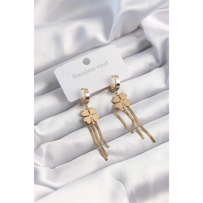 316L Çelik Altın Renk İtalyan Zincirli Yonca Model Halka Küpe