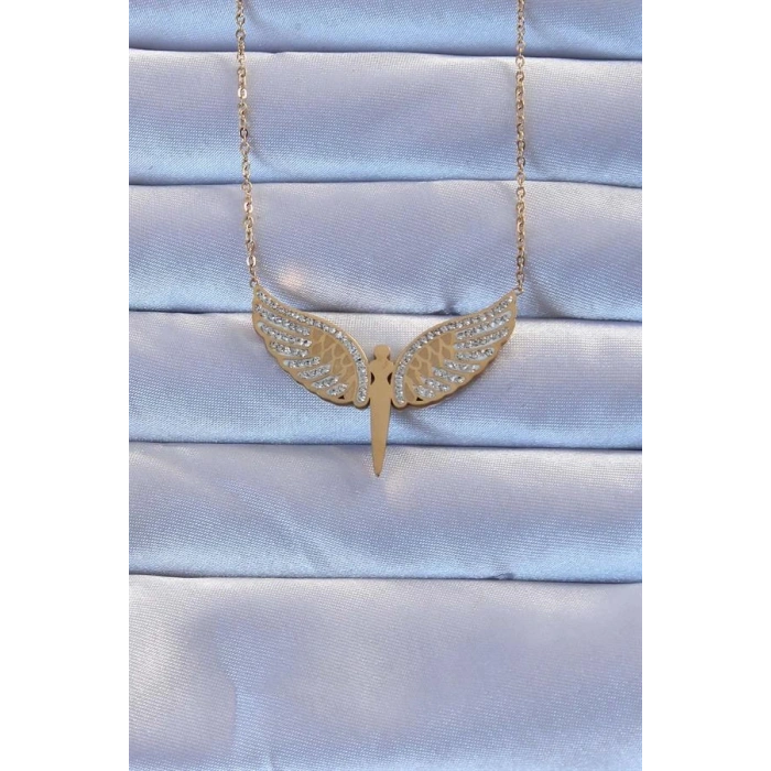 316L Çelik Altın Renk Zirkon Taşlı Mikail Kolye