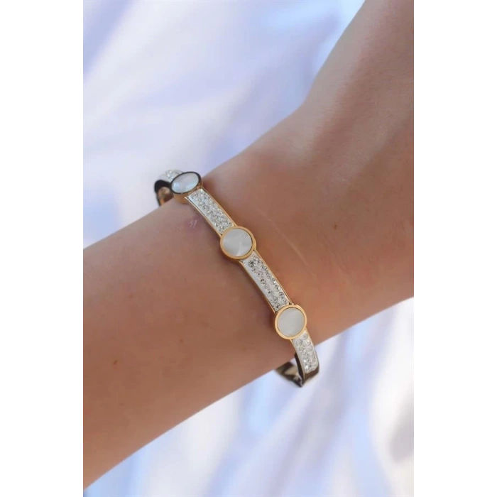 316L Çelik Altın Renk Zirkon Taşlı Sedefli Kelepçe