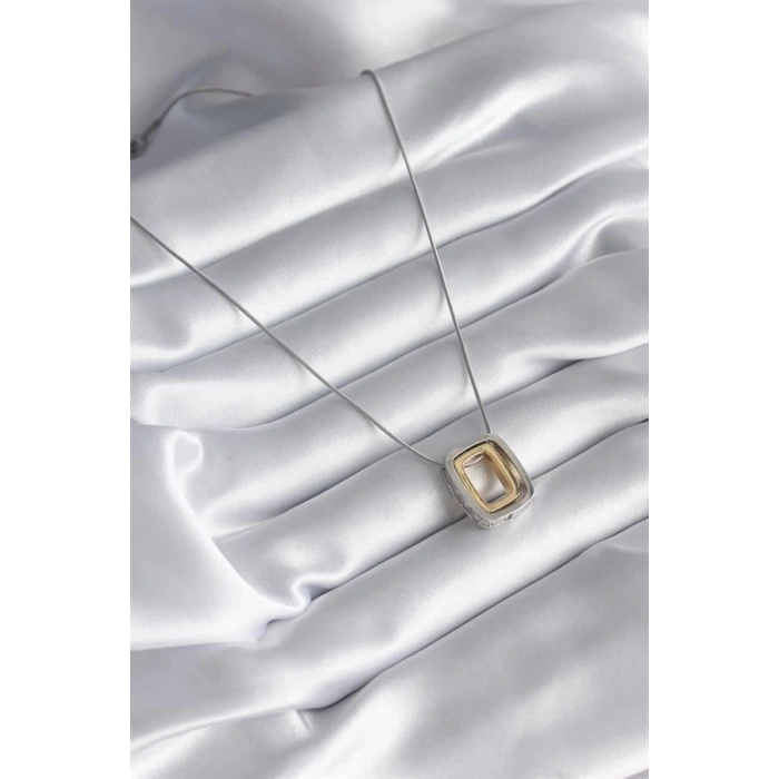 316L Çelik Gold Gümüş Renk Kare Model Zirkon Taş Detay Kadın Kolye