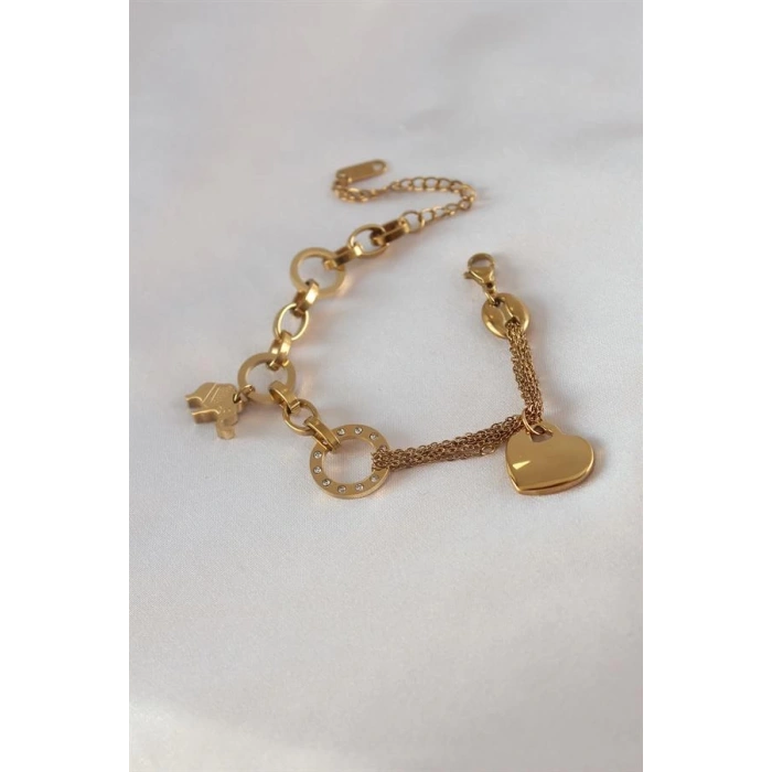 316L Çelik Gold Renk 2li Zincir Model Zirkon Taş Detay Kadın Bileklik