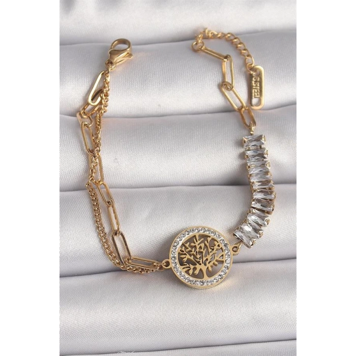 316L Çelik Gold Renk 2Li Zincir Su Yolu Zirkon Taşlı Yaşam Ağacı Figür Kadın Bileklik