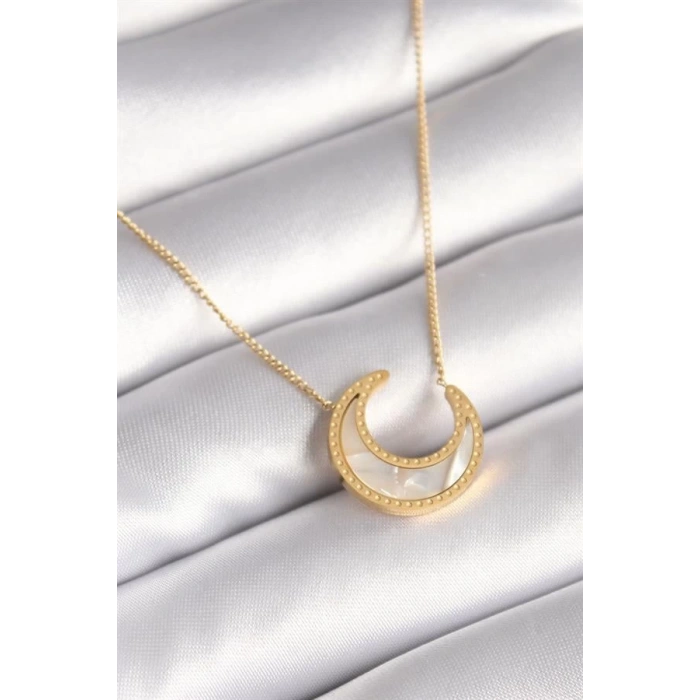 316L Çelik Gold Renk Beyaz Sedefli Hilal Model Kadın Kolye