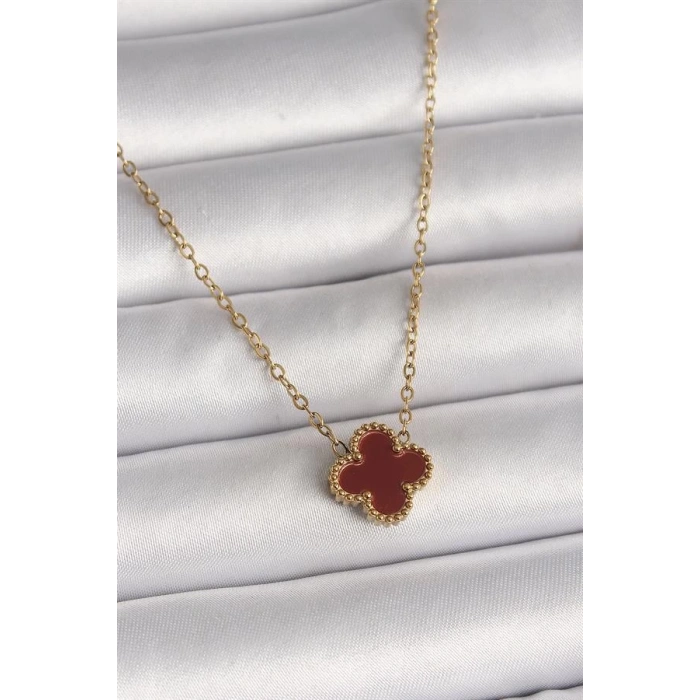 316L Çelik Gold Renk Bordo Yonca Model Kadın Kolye