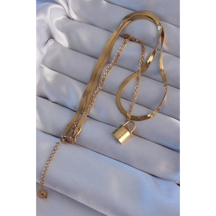 316L Çelik Gold Renk Çift Zincir Kilit Model Kolye