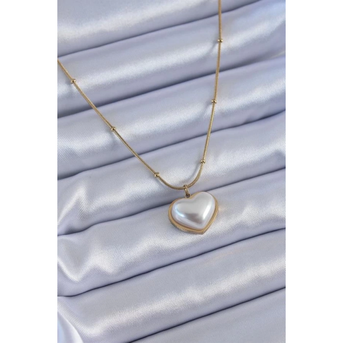 316L Çelik Gold Renk İncili Kalp Model Minimal Top Detay Kadın Kolye