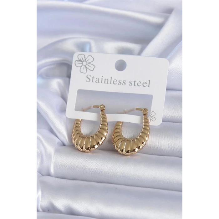 316L Çelik Gold Renk İşlemeli Halka Model Kadın Küpe