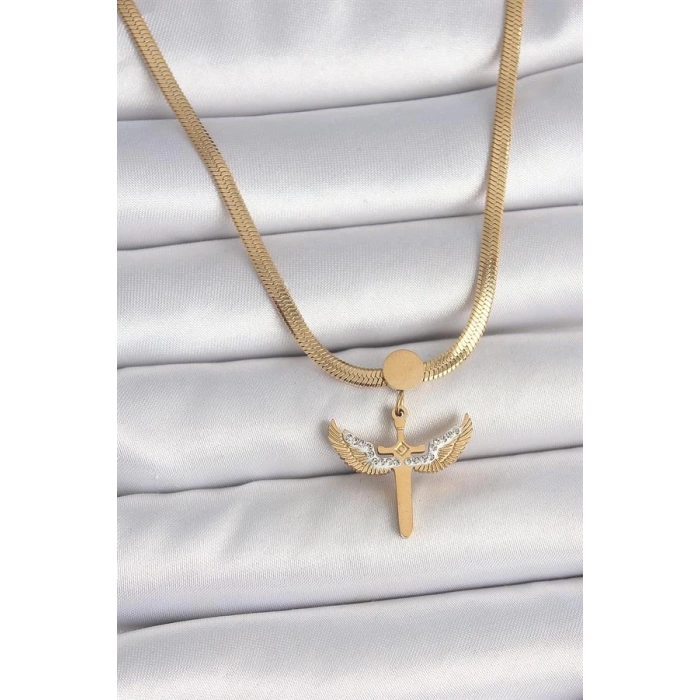 316L Çelik Gold Renk İtalyan Zincir Zirkon Taş Detaylı Mikail Model Kadın Kolye