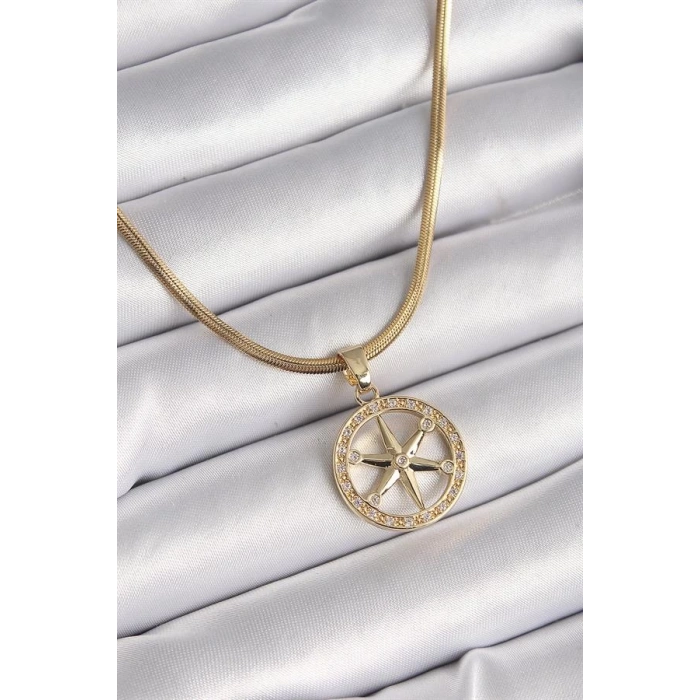 316L Çelik Gold Renk İtalyan Zincir Zirkon Taşlı Kutup Yıldız Model Kadın Kolye