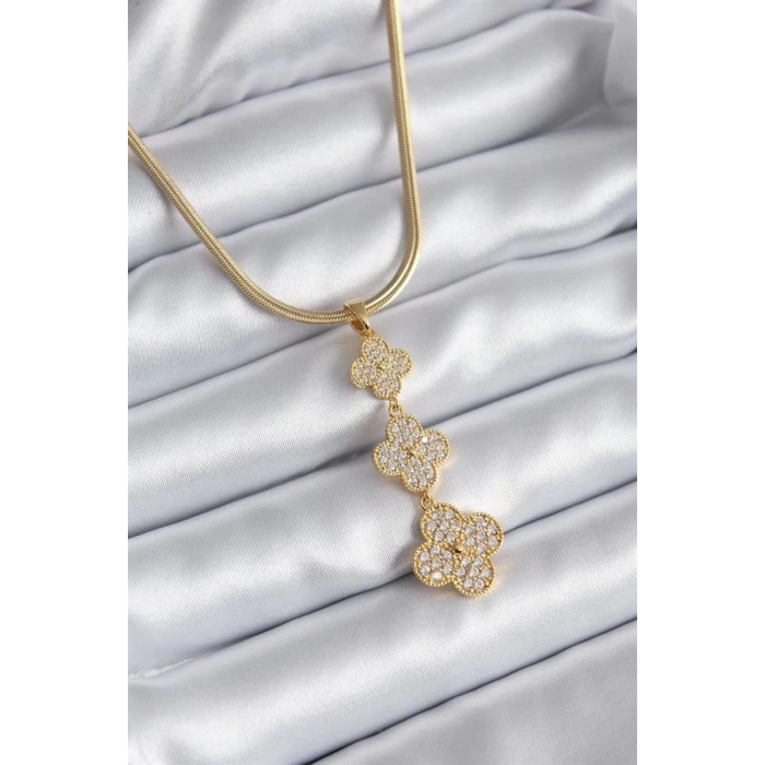 316L Çelik Gold Renk İtalyan Zincir Zirkon Taşlı Yonca Model Kadın Kolye
