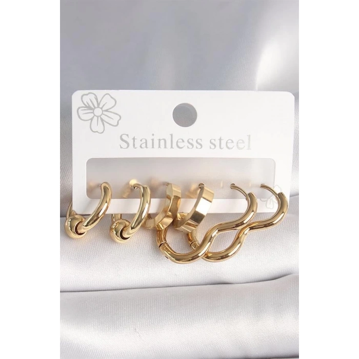 316L Çelik Gold Renk Kalp Halka Model Kadın Küpe Seti