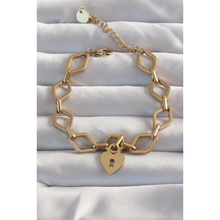 316L Çelik Gold Renk Kalp Model Zincir Bileklik