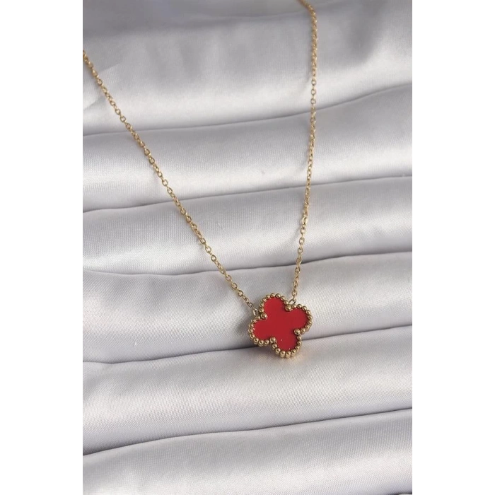 316L Çelik Gold Renk Kırmızı Yonca Model Kadın Kolye