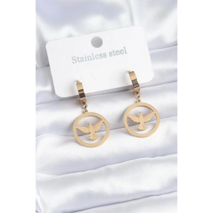 316L Çelik Gold Renk Kuş Model İşleme Detay Kadın Küpe