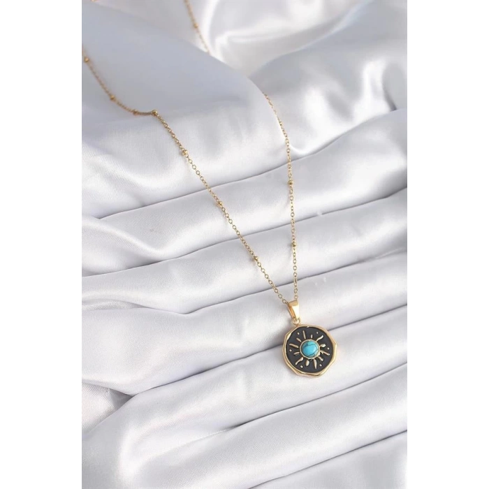 316L Çelik Gold Renk Mavi Boncuk Güneş İşleme Madalyon Model Kadın Kolye