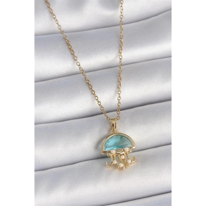 316L Çelik Gold Renk Mavi Taşlı Deniz Anası Model İnci Detay Kadın Kolye