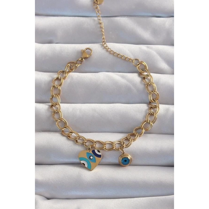 316L Çelik Gold Renk Nazarlı Kalp Model Zincir Bileklik