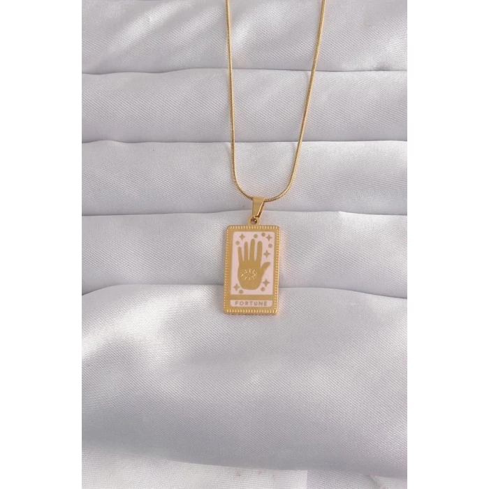 316L Çelik Gold Renk Pembe Mineli El Figür Tarot Kolye