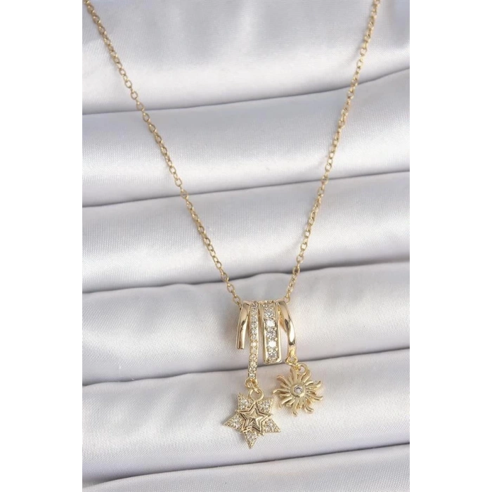 316L Çelik Gold Renk Sallantı Zirkon Taşlı Yıldız Güneş Figür Charm Kadın Kolye