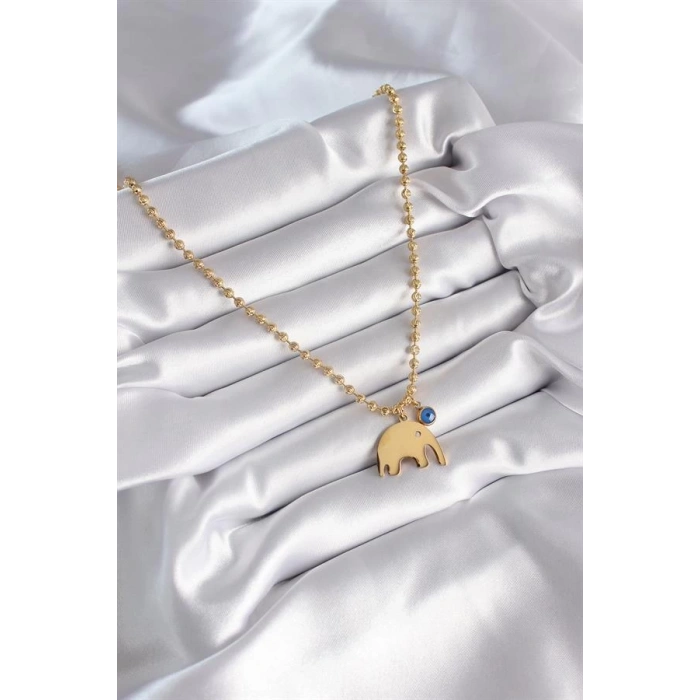 316L Çelik Gold Renk Top Zincir Model Fil Figür Nazar Boncuk Detay Kadın Kolye
