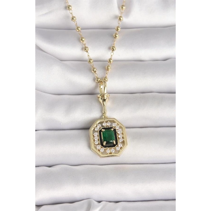 316L Çelik Gold Renk Topçuk Zincir Yeşil Taşlı Seranay Model Kadın Kolye