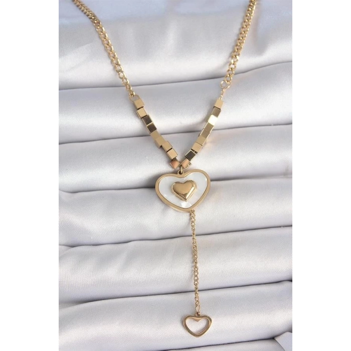 316L Çelik Gold Renk Zincir Beyaz Mineli Kalp Figür Sallantı Detay Kadın Kolye