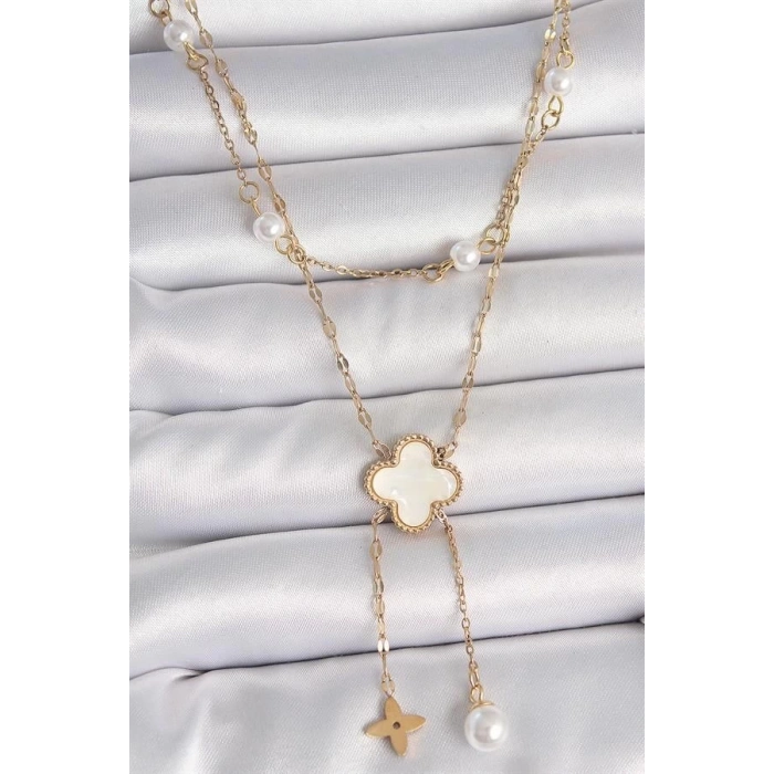 316L Çelik Gold Renk Zincir Beyaz Yonca Figür Sallantı Çiçek İnci Detay Kadın Kolye