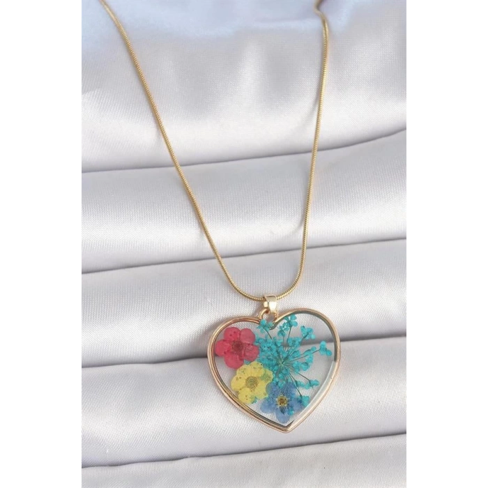 316L Çelik Gold Renk Zincir Kalp Epoksi Renkli Çiçek Model Kadın Kolye