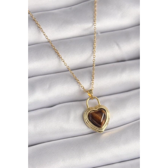 316L Çelik Gold Renk Zincir Kilit Kalp Kehribar Boncuk Model Kadın Kolye