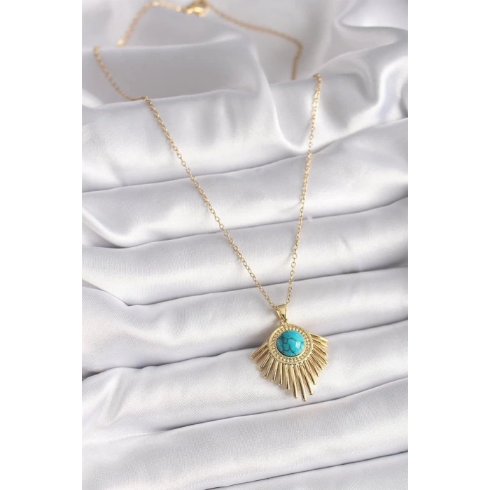 316L Çelik Gold Renk Zincir Mavi Boncuk Güneş Model Kadın Kolye