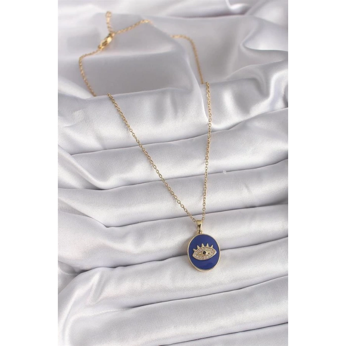 316L Çelik Gold Renk Zincir Mavi Mineli Zirkon Taşlı Göz İşleme Kadın Kolye