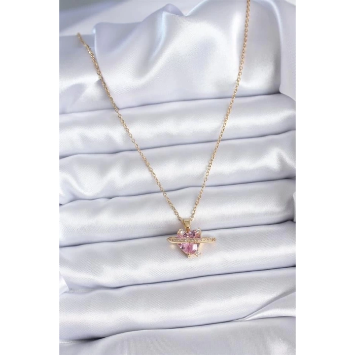 316L Çelik Gold Renk Zincir Pembe Kristal Kalp Model Zirkon Taş Detay Kadın Kolye