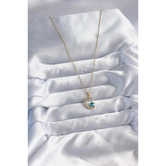 316L Çelik Gold Renk Zincir Zirkon Taş Detay Hilal Yıldızı Figür Kadın Kolye