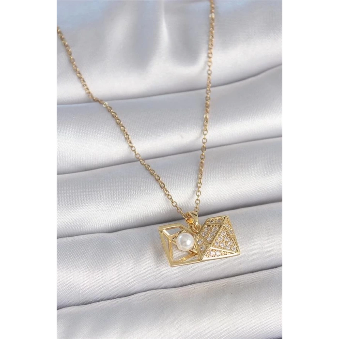 316L Çelik Gold Renk Zincir Zirkon Taşlı Açılır İncili Elmas Model Kadın Kolye