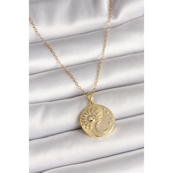 316L Çelik Gold Renk Zincir Zirkon Taşlı Ay Güneş İşlemeli Madalyon Model Kadın Kolye
