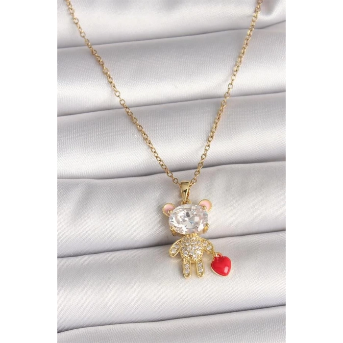 316L Çelik Gold Renk Zincir Zirkon Taşlı Ayıcık Model Kırmızı Kalp Detay Kadın Kolye