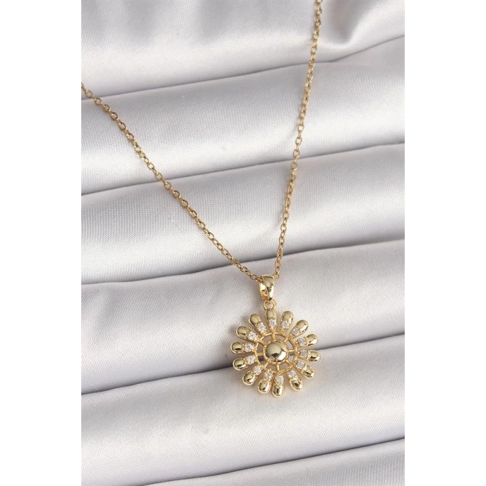 316L Çelik Gold Renk Zincir Zirkon Taşlı Güneş Model Kadın Kolye